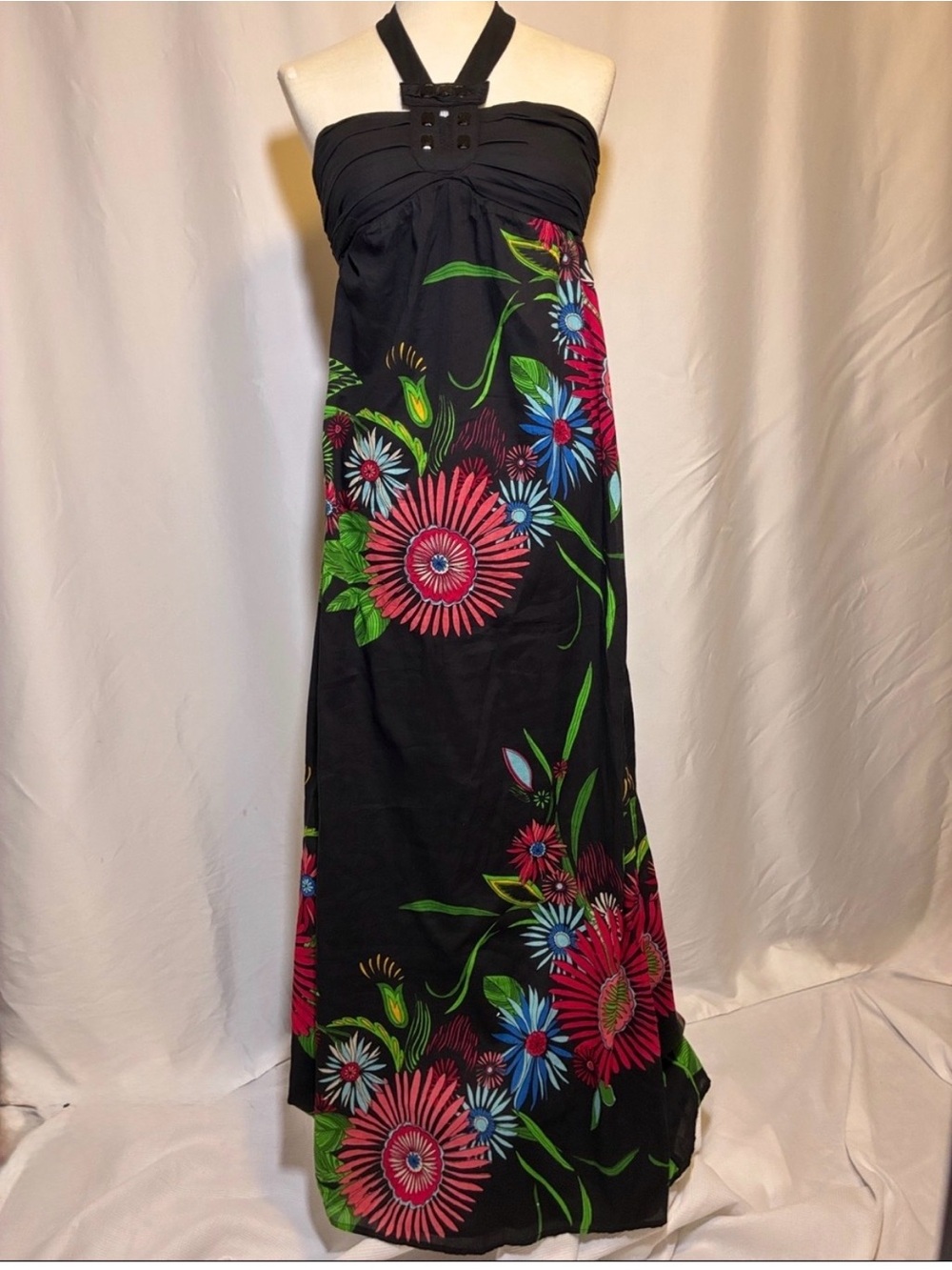 Apollo Black Smocked Halter Maxi Dress with Bright Floral Tropical Pattern